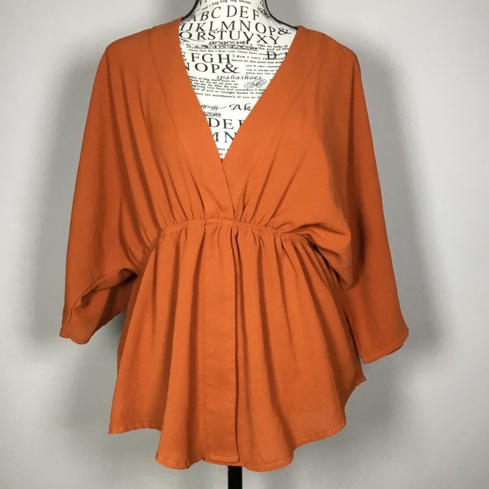 Warm light brown vee neck casual floaty top elastic waist boho hippie size Large